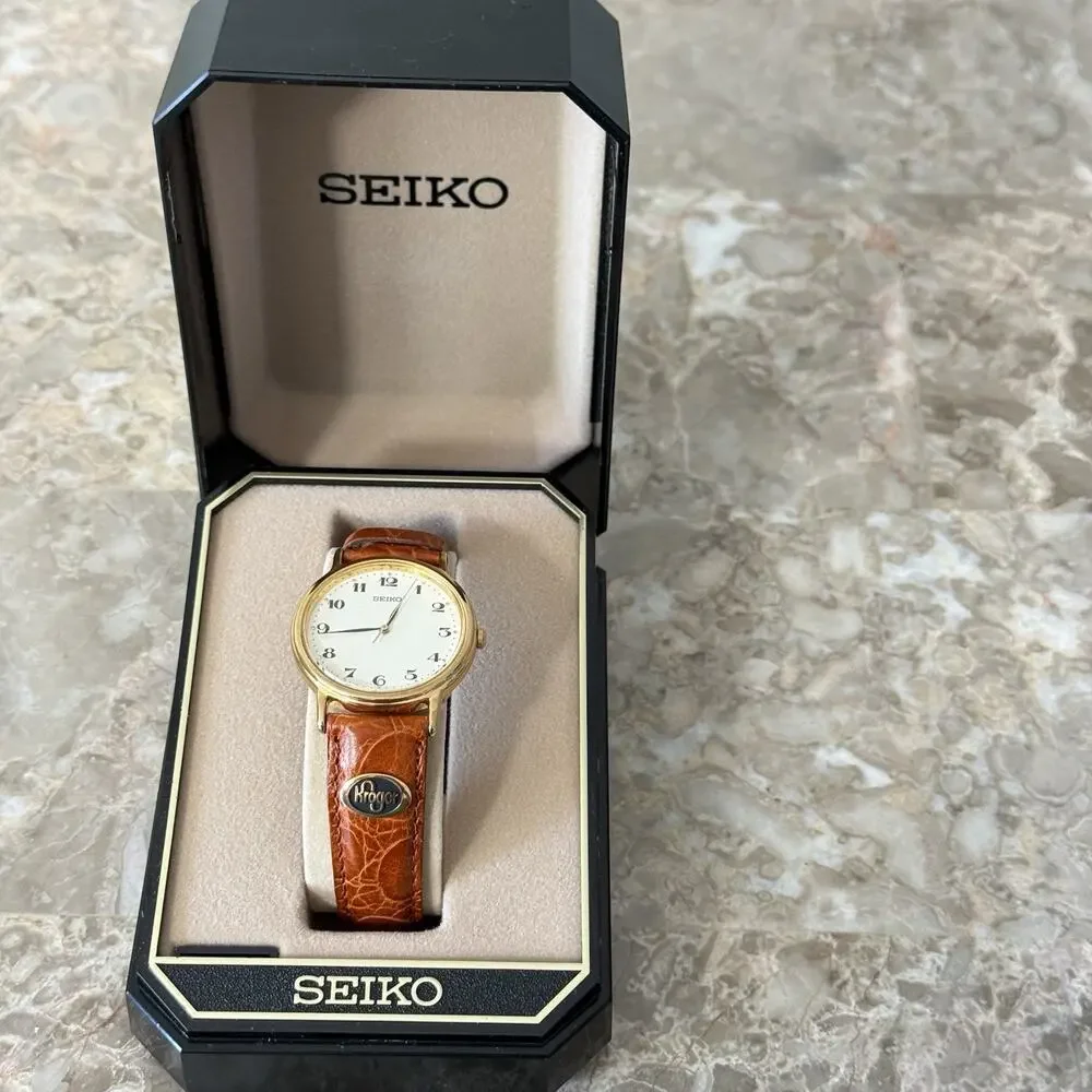 VTG Seiko Women Gold Tone Flat Round Watch Kroger Emblem Calf Leather JAPAN New